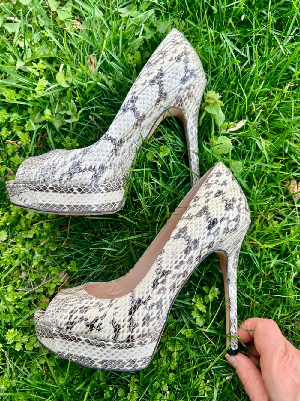 Y2k Vince Camuto Peeptoe Snakeskin Snake Platform Stilleto Pumps Heels Glam 6M